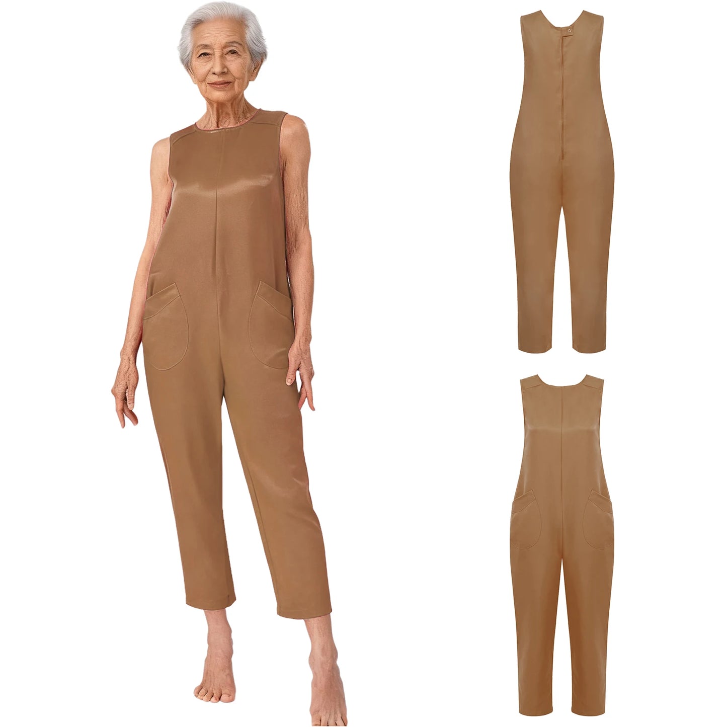 Women's Elderly Anti-Strip Adaptive Jumpsuit Back Legs Zip Long Sleeve Long Pants Nursing Rompers for Special Needs Disabilities