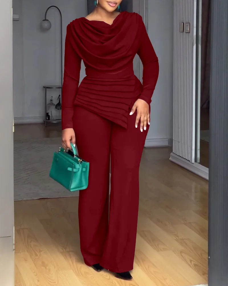 Swing Collar Ruched Jumpsuit Long Sleeve Solid Elegant Office Ladies Asymmetric Hem Autumn Casual Vintage Ruched Slim Rompers