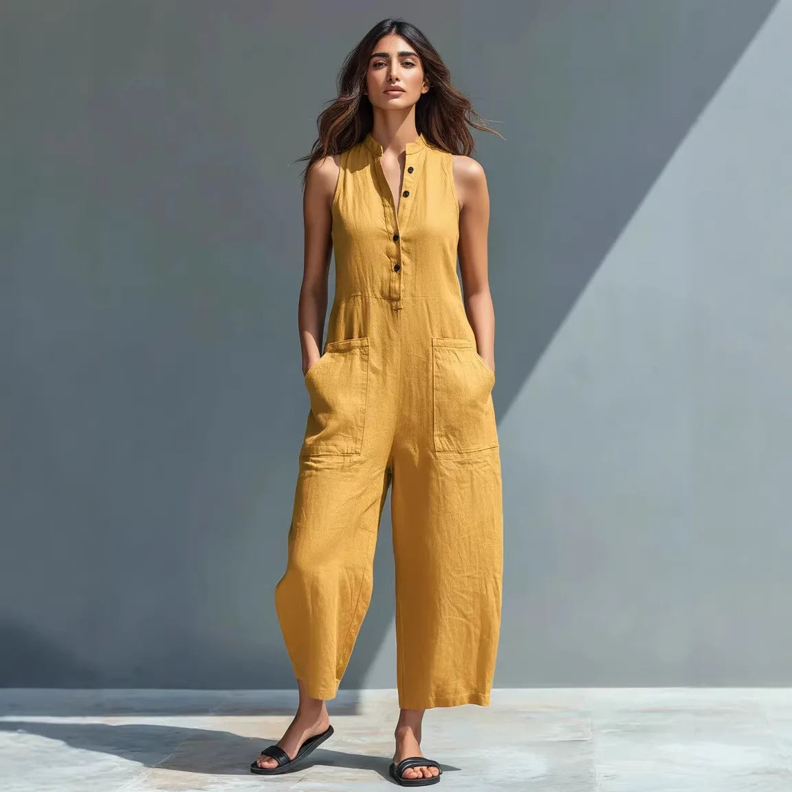 Cotton And Linen Jumpsuit Women Stand Collar Sleeveless Pocket High Waist Wide Legs Jumpsuits Casual Commuting Ladies Bodysuits