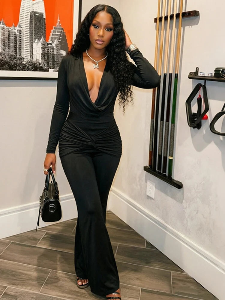 Beyprern Autumn Solid Long Sleeve Plunging Neck Rompers Women Elegant Drape Slim Flared Jumpsuits High Waist Bodysuits Overalls
