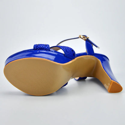 Blue Rhinestone Sandals With Platform Summer Party Dress Luxury Shoes For Woman 12CM Thick High Heels Cross Band Elegant Sandals
