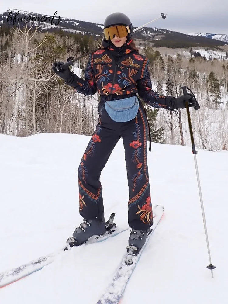 Winter Printed Women Hodded Ski Jumpsuits Full Sleeve Zippers Stand Collar Pocket Snowboard Overalls One Piece Windproof Outfits