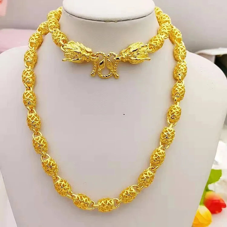 Hollow Olive Bead Necklace Men's 24K Gold AU999 - Guochao craft, unique beads, solid texture, for business negotiation