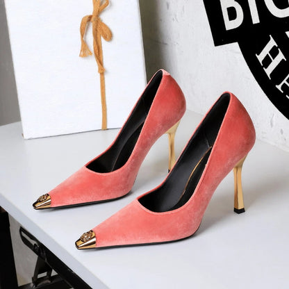 Women Peach Pink Velvet Metal Capped Pointed Toe Pumps Gold Trapezoid Thin High Heels Gentle Retro Luxury Date Banquet Ladies