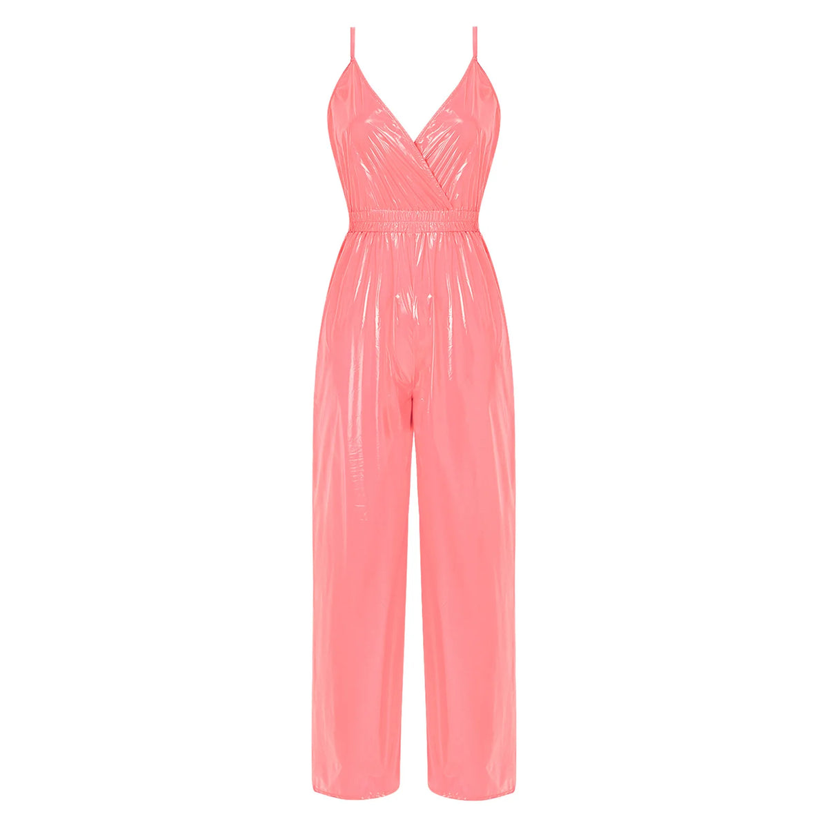 Womens Glossy Waterproof Jumpsuit Wrap V Neck Backless Elastic Waist Straight Wide Leg Pants Leotard Rompers for Clubwear Party
