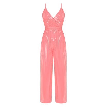 Womens Glossy Waterproof Jumpsuit Wrap V Neck Backless Elastic Waist Straight Wide Leg Pants Leotard Rompers for Clubwear Party