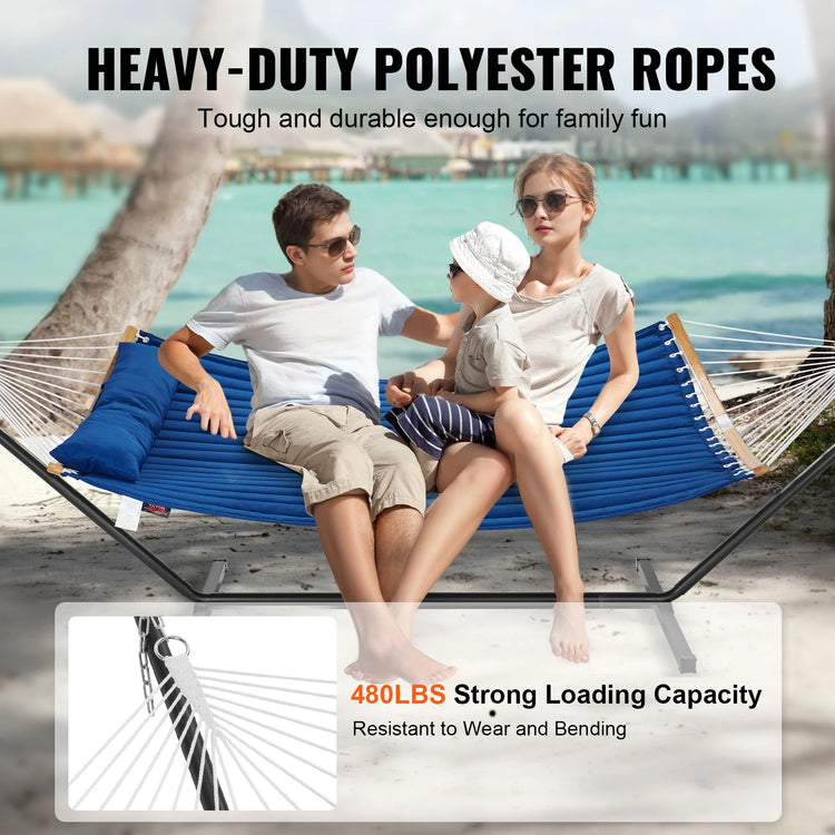 SucceBuy Two Person Hammock with Stand Included Double Hammock with Curved Spreader Bar and Detachable Pillow and Portable Bag