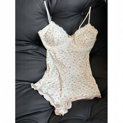Summer Onesies Women Sexy Floral Print Bodysuit Lace Trim Sleeveless Slim Fit Jumpsuit Romper Underwear Nightwear Lingerie