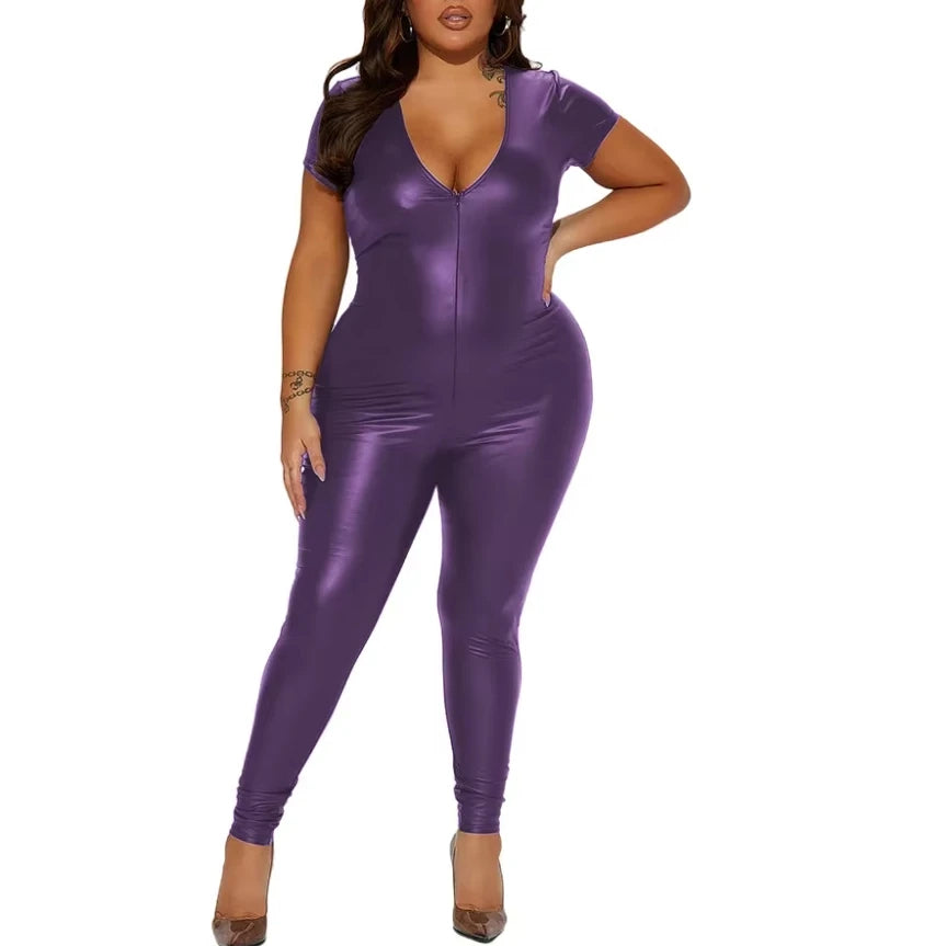 Deep V-neck Women Bodycon Jumpsuits Matte PU Leather Short Sleeve Skinny Zentai Ravely Party Club Stage Performance 8XL