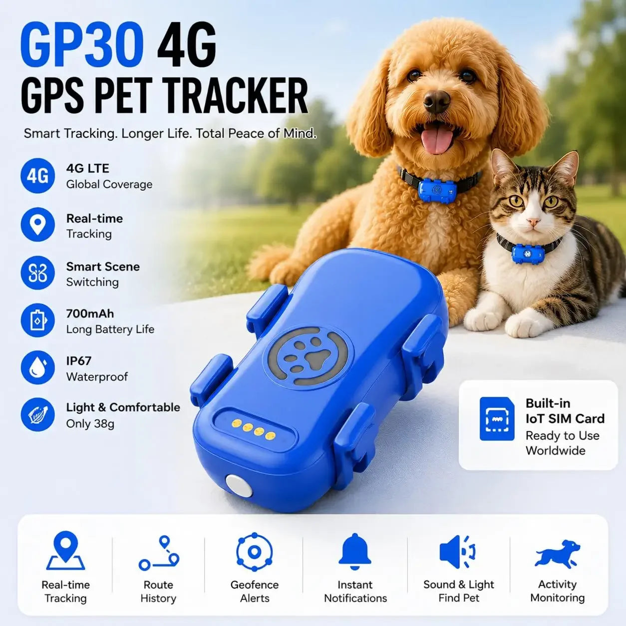 GPS Dog Cat 4G Tracker Built-in SIM with Real-Time Tracking Device, WiFi Home Positioning, IP67 Waterproof, Plan Required