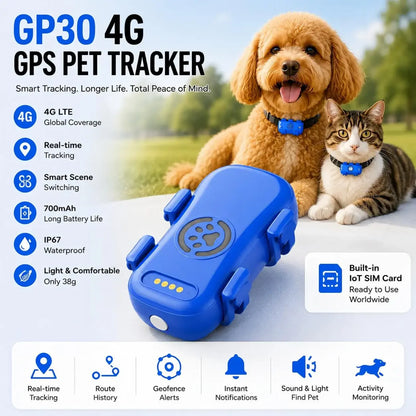 GPS Dog Cat 4G Tracker Built-in SIM with Real-Time Tracking Device, WiFi Home Positioning, IP67 Waterproof, Plan Required