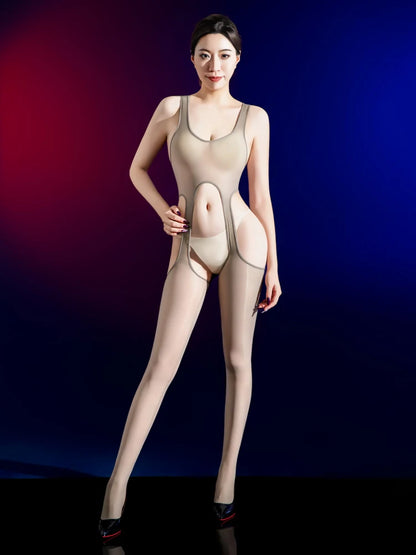 Hollow Out Crotchless Nylon Catsuit Glossy Shiny Bodystocking Open Crotch Bodysuit Tight Sexy Leotard Conjoined Lingerie Unitard