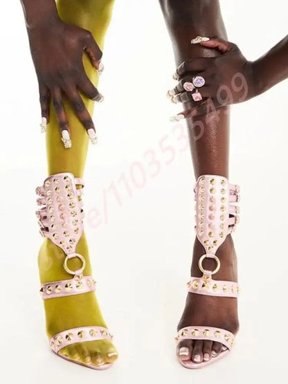 Metal Rivet Open Toe Roman Sandals 2025 Summer New Sexy Catwalk Stiletto Ladies Sandal Ins Style Street Fashion Party Stage Pump