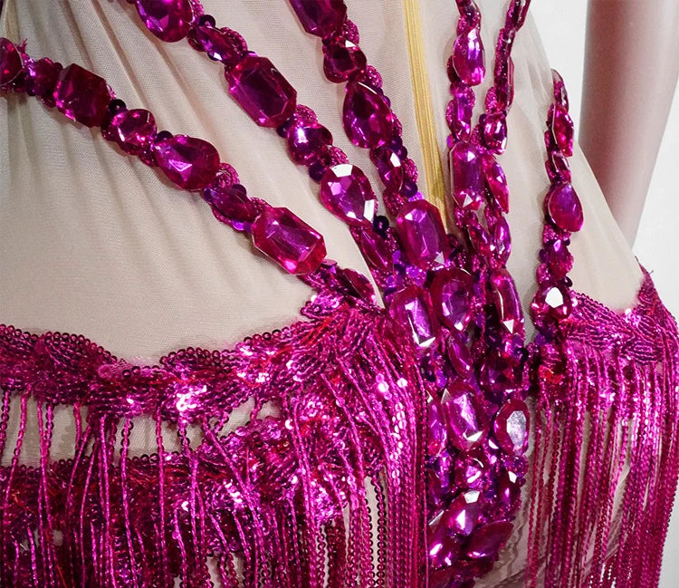 Sexy See-through Glitter Red Crystal Fringe Bodysuit High Elasticity Drag Queen Costume Festivals Outfit NightClub Dance Outfits