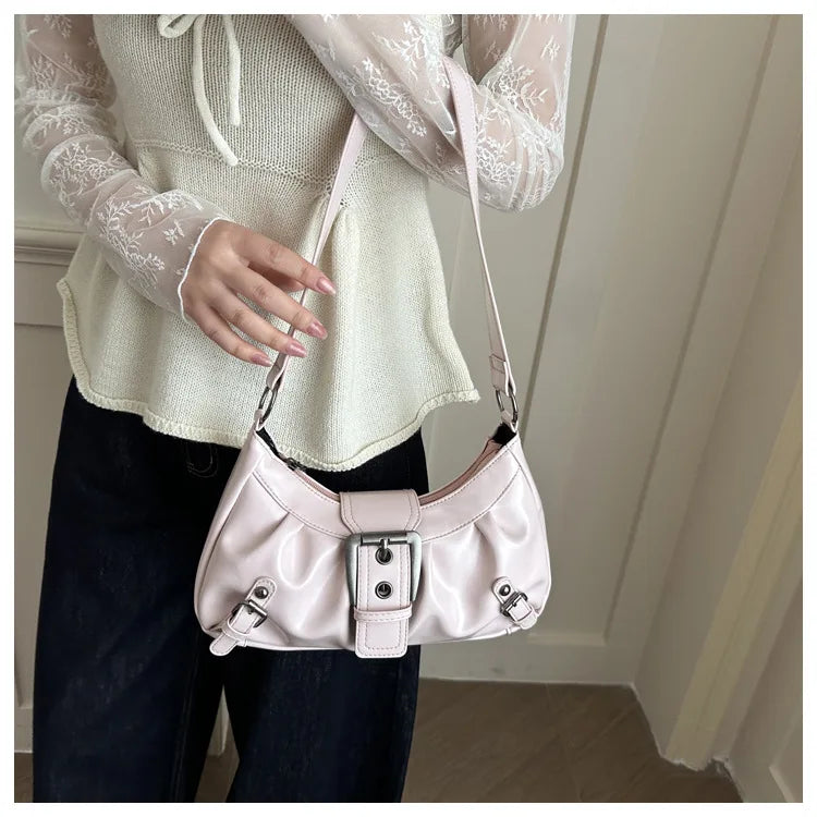 Fashion Pleated Lock Design Women's PU Shoulder Bags Simple Solid Color Ladies Underarm Bag Portable Cool Girls Phone Handbag