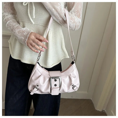 Fashion Pleated Lock Design Women's PU Shoulder Bags Simple Solid Color Ladies Underarm Bag Portable Cool Girls Phone Handbag