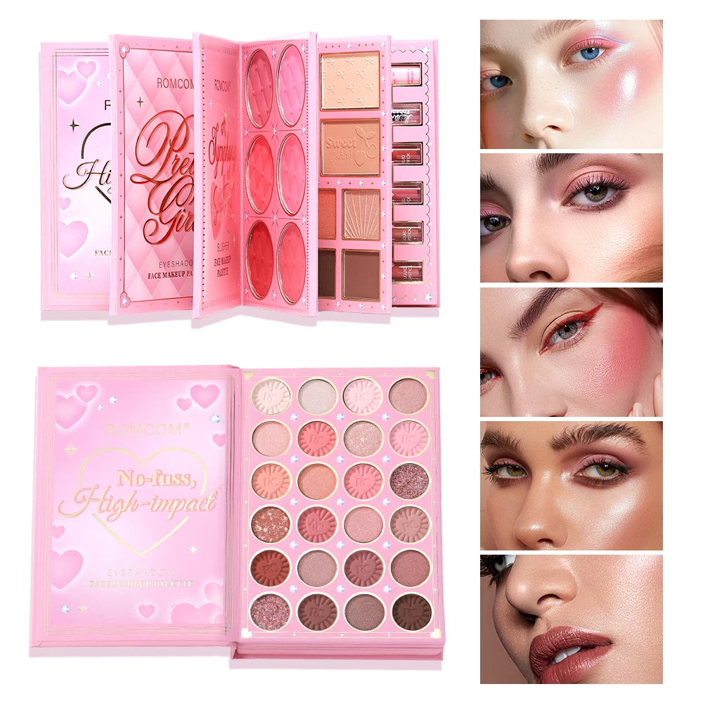 All-in-One 5-Page Makeup Magic Book: Full Kit with Multi-Shade Eyeshadow, Blush, Highlighter, Contour & Glossy Lip Gloss