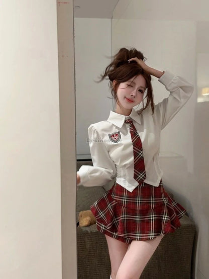2025 improved cute sexy korea jk suit women autumn jk school uniform women shirt plaid pleated half skirt fashion two-piece set