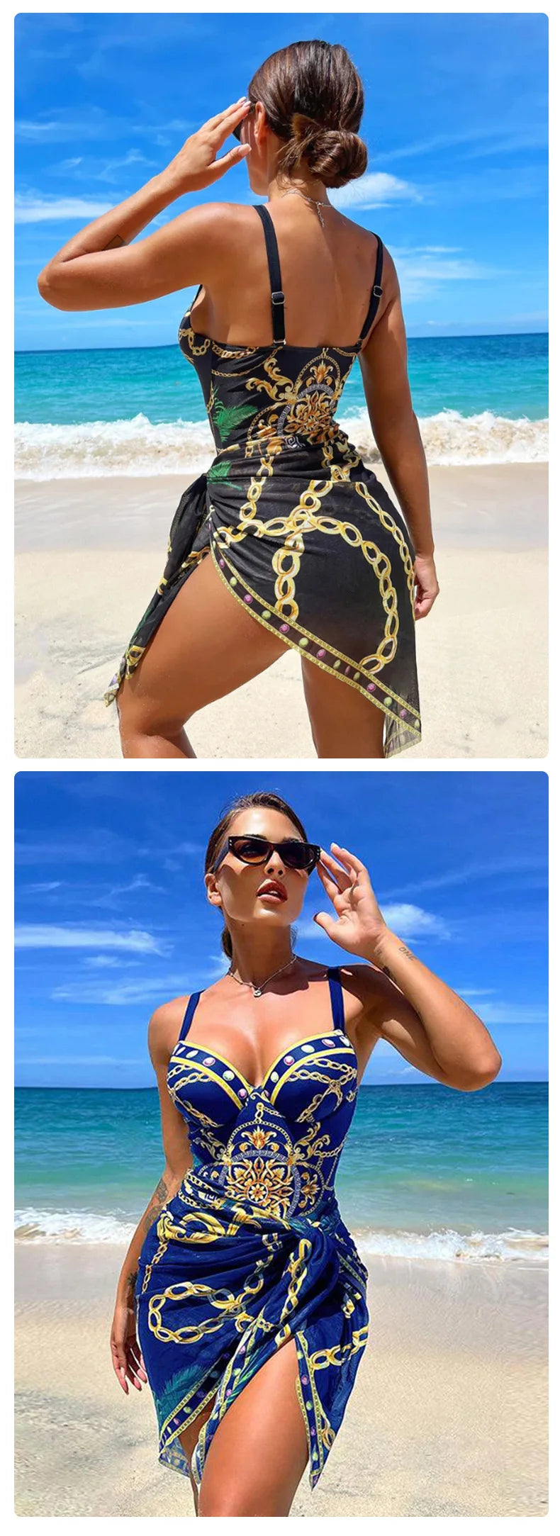 Underwire Women Sexy Swimsuit 2 Piece Swimwear Slim Monokini Chains Print Push Up Bikini Black Blue Green Beachwear Light Luxury