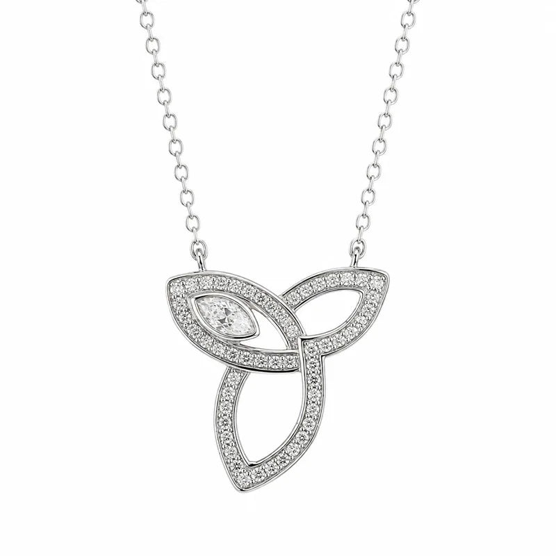 Platinum Pt950 Diamond-Encrusted Three-Leaf Knot Necklace, Featuring A Horse-Eye Pendant, Luxurious Chain Moissanite Jewelry