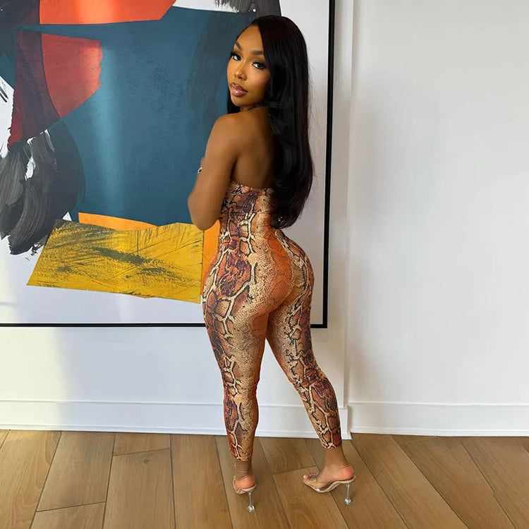 STYLISH LADY Snake Print Strapless Jumpsuits 2026 Women Hollow O Ring Sleeveless Bodycon Sexy Club Party Street Long Jumpsuit