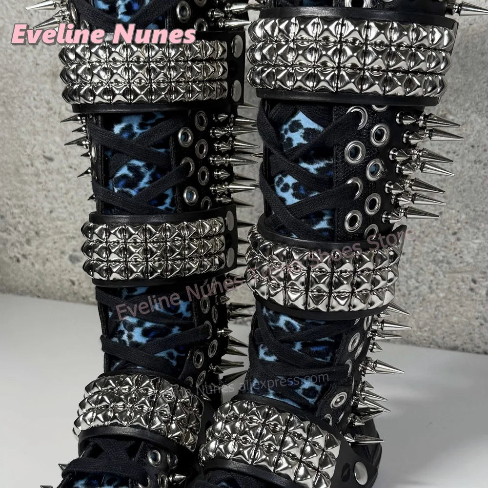 Blue Leopard Print Platform Knee High Boots Metal Spikes and Studs Decor Multi Strap Design Punk Goth Canvas Shoes 2026 Trend