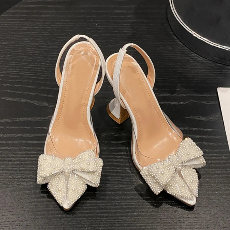 Elegant Women High Heel Sandal Fashion Imitation Pearl Bow High Heels for Woman Luxury Pointed Tip Wedding Shoes Sandalias Mujer