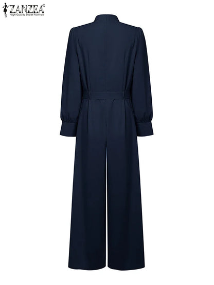 ZANZEA Fashion Women Jumpsuits 2026 Spring Overalls Pants Elegant OL Work Wide Leg Trousers V Neck Long Sleeve Romper Streetwear