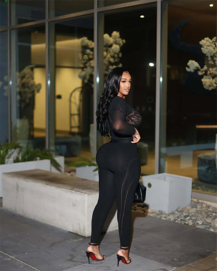 Doyerl Black Bodycon Rompers and Jumpsuits for Woman Long Sleeve See Through Mesh Patchwork Skinny One Piece Catsuit Overalls