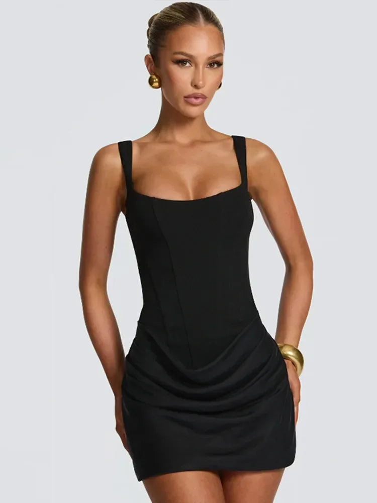 Women Sexy Square-neck Halter Mini Dress 2025 Pleated Sleeveless Backless High Waist Bodycon Dresses New Summer Lady Party Robes