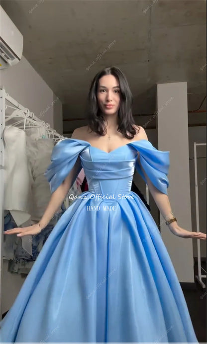 Qanz Elegant Sky Blue Prom Dress Off The Shoulder Backless Women's Wedding Party Attire A Line Vestidos De Fiesta Customized