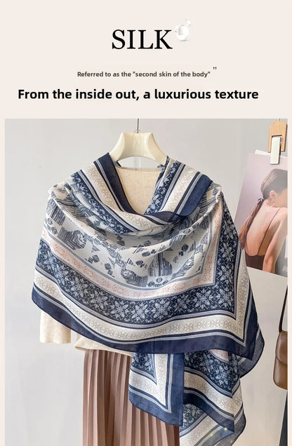 Sun Protection Silk Scarf Women's Retro Ethnic Style Cotton Linen Beach Holiday Wrap Shawl Outerwear Geometric Print Korean S...