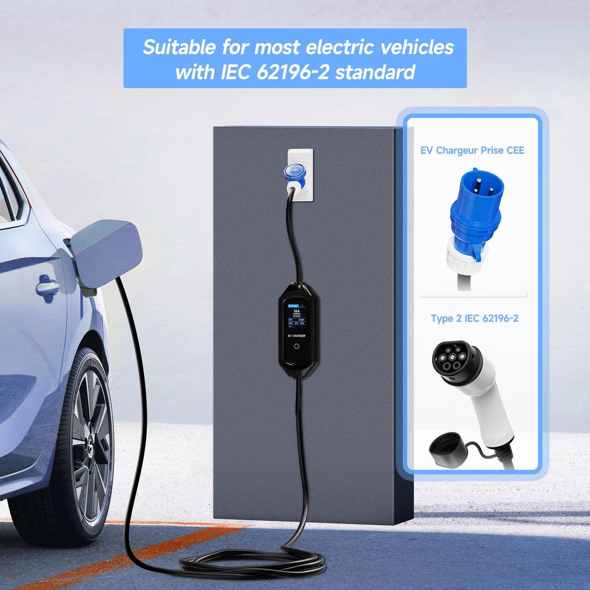 AFEEV Type 2 Portable EV Charger 7KW 32A 1Phase Wallbox Type1/GBT EVSE Fast Charging Cable CEE Plug APP Bluetooth Control