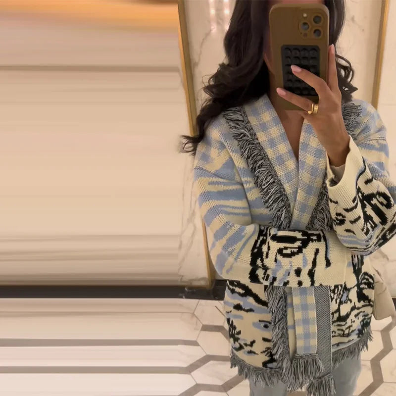 Casual Print Knit Cardigan Women V Neck Long Sleeves Tassels Belts Loose Sweater Female 2026 Autumn Winter Chic Warm Knitwears