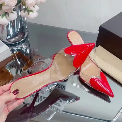 Elegant Pointed Toe Transparent PVC Heart High Heels Mules Slipper Shoes Women 2025 Black White Red Shoes Luxury Designer Pumps
