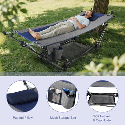 Portable Camping Hammock with Stand, Removable Pillow, and Storage Net - Ideal for Outdoors, Beach, Garden, Lawn