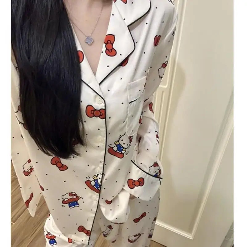 Sanrio New Pajamas 2Pcs Hello Kitty Polka Dots Pajamas Princess Style Female Autumn New Long Sleeves Dormitory Home Clothing Set
