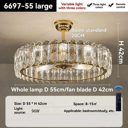 Nordic Luxury Crystal Ceiling Fan Light Modern Minimalist Dining Room Hotel Pendant Lights Living Room Bedroom Silent Fan lamp