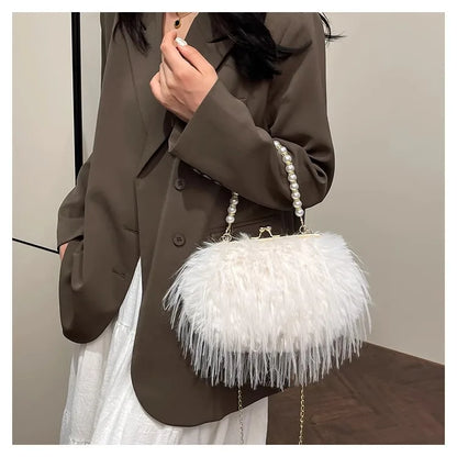 Beading Chain Women's Evening Plush Handbags Faux Fur Tassel Ladies Shoulder Bag Elegant Female Crossbody Bags Party Furry Purse