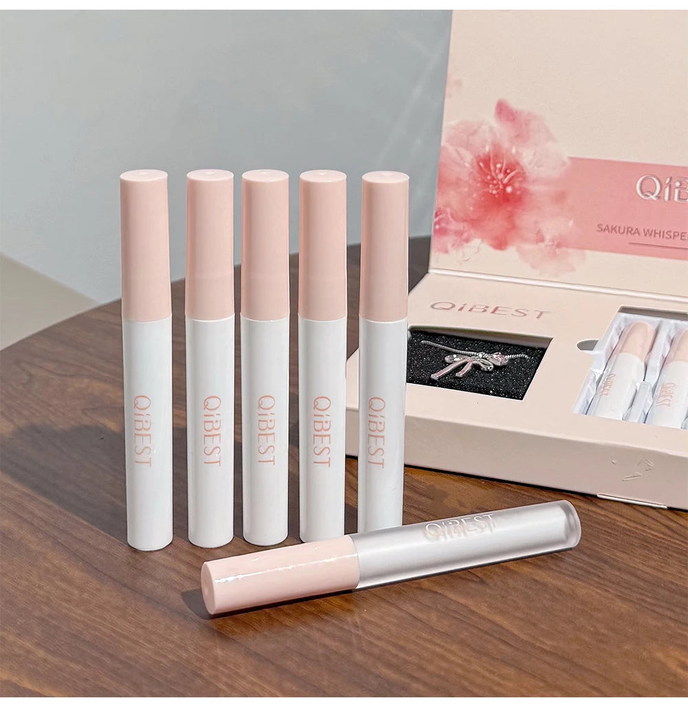 QIBEST 6Pcs/Box Matte Lipstick Sets And Mirror Watery Lip Glaze Lasting Lip Makeup Sets Moisturizing Lipgloss Necklace Gift