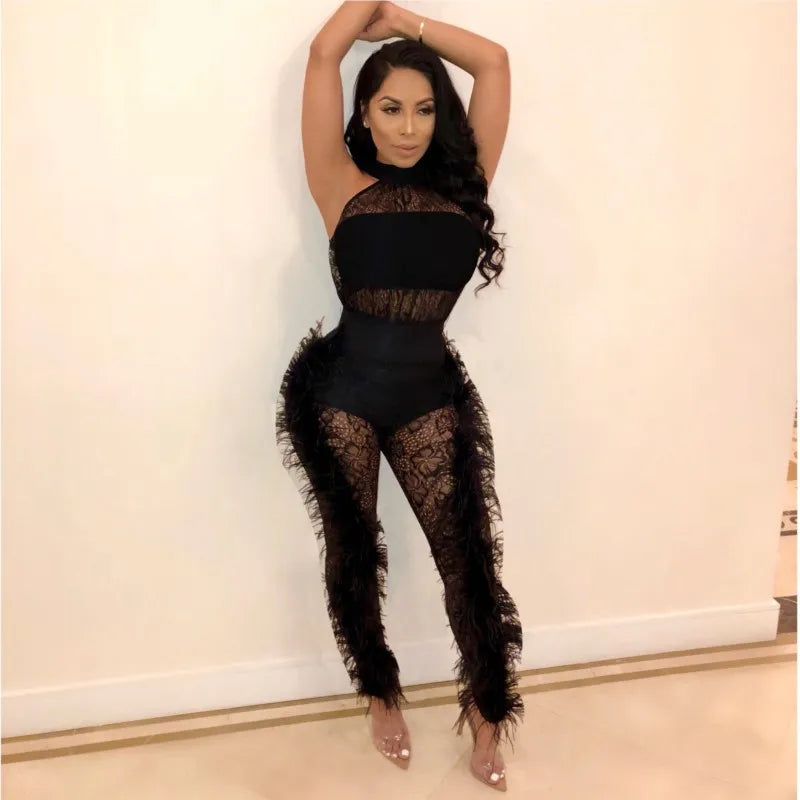 Sexy Lace Skinny Jumpsuit Women Fashion Sleeveless Hollow White Black Slim Jumpsuits 2025 Club Party Jumpsuit Female