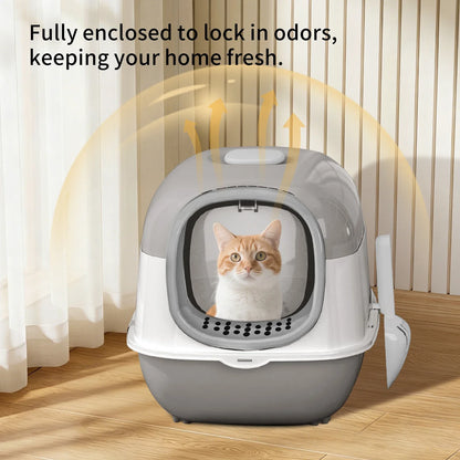 Switchable Open/Semi-Enclosed Cat Litter Box, Extra Large Jumbo Size for Multi-Cat Households, Splash-Proof and Anti-Tracking, Dual-Mode Over-the-Top Litter Pan, Low-Entry for Easy Cleaning，Suitable for cats of different si