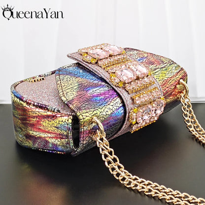 Hot Selling Fashion Mature  Brushed Style Rainbow Color Rhinestone Decoration Design Party Wedding Lady High Heels and Bag Set