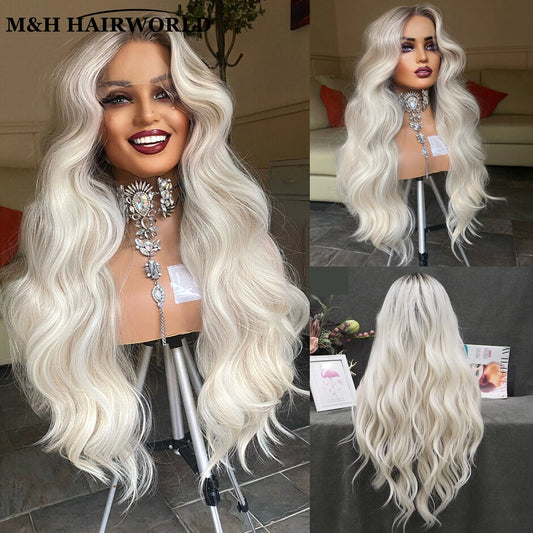 13X3 Glueless Frontal Lace Wigs For Women Long Wavy Synthetic Hair Lace Front Wigs Ombre Platinum Blonde Heat Resistant Hair Wig