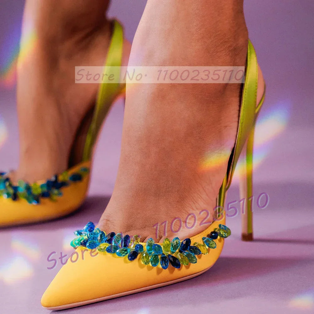 Blue Crystal Trim Elegant Satin Sandals Women Luxury Back Strap High Heels Party Shoes Ladies Summer Chic Pointy Toe Bling Pumps