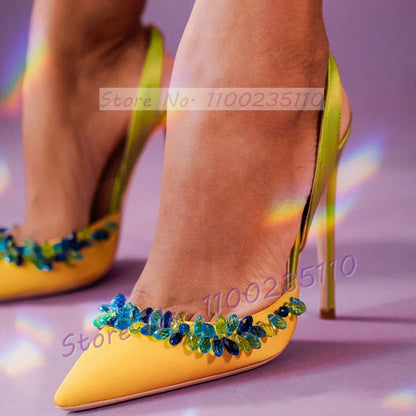 Blue Crystal Trim Elegant Satin Sandals Women Luxury Back Strap High Heels Party Shoes Ladies Summer Chic Pointy Toe Bling Pumps