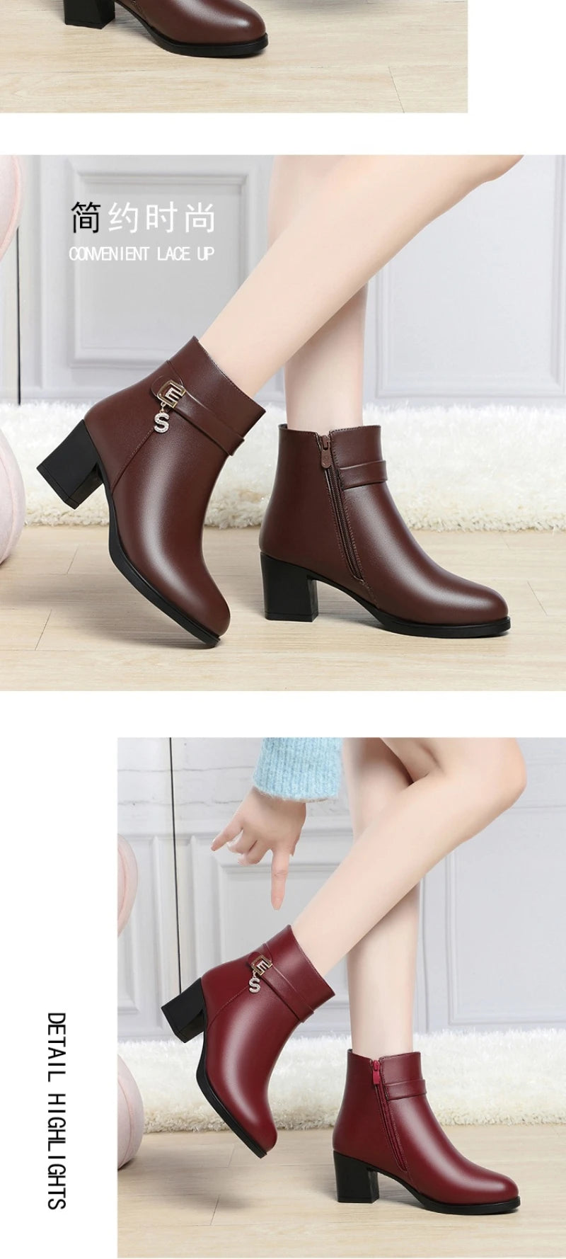High-Heeled Leather Shoes Spring Single Shoes Thick Heel Thick Sole Slip-On Women's Shoes Square Toe Middle-Aged Mother's Shoes