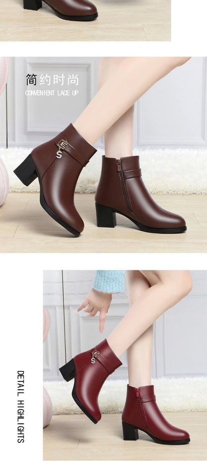 High-Heeled Leather Shoes Spring Single Shoes Thick Heel Thick Sole Slip-On Women's Shoes Square Toe Middle-Aged Mother's Shoes