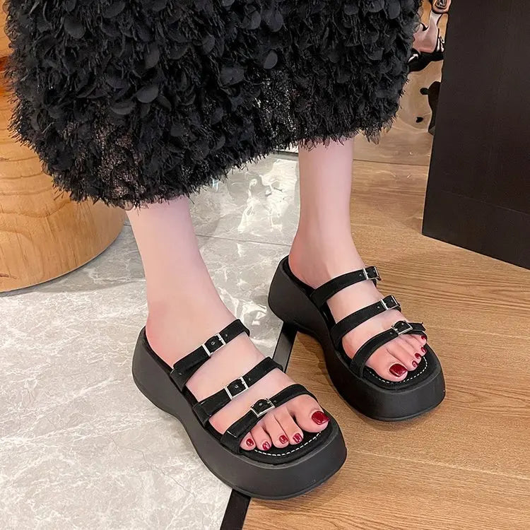 Women Thicken Soled Buckle Strap Sandals Platform High Heel Shoes Ladies Cut-Out Slippers Open Toe Flipflops Silver Beach Slides
