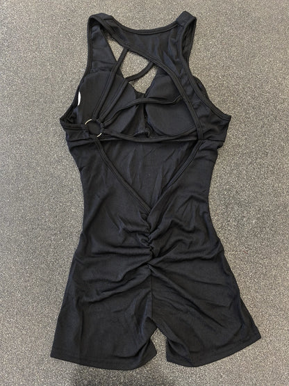 Women's Sexy Backless Rompers Criss Cross Bodycon One Piece Halter Hips Lifting Yoga Bodysuit Short Jumpsuits With Chest Pads